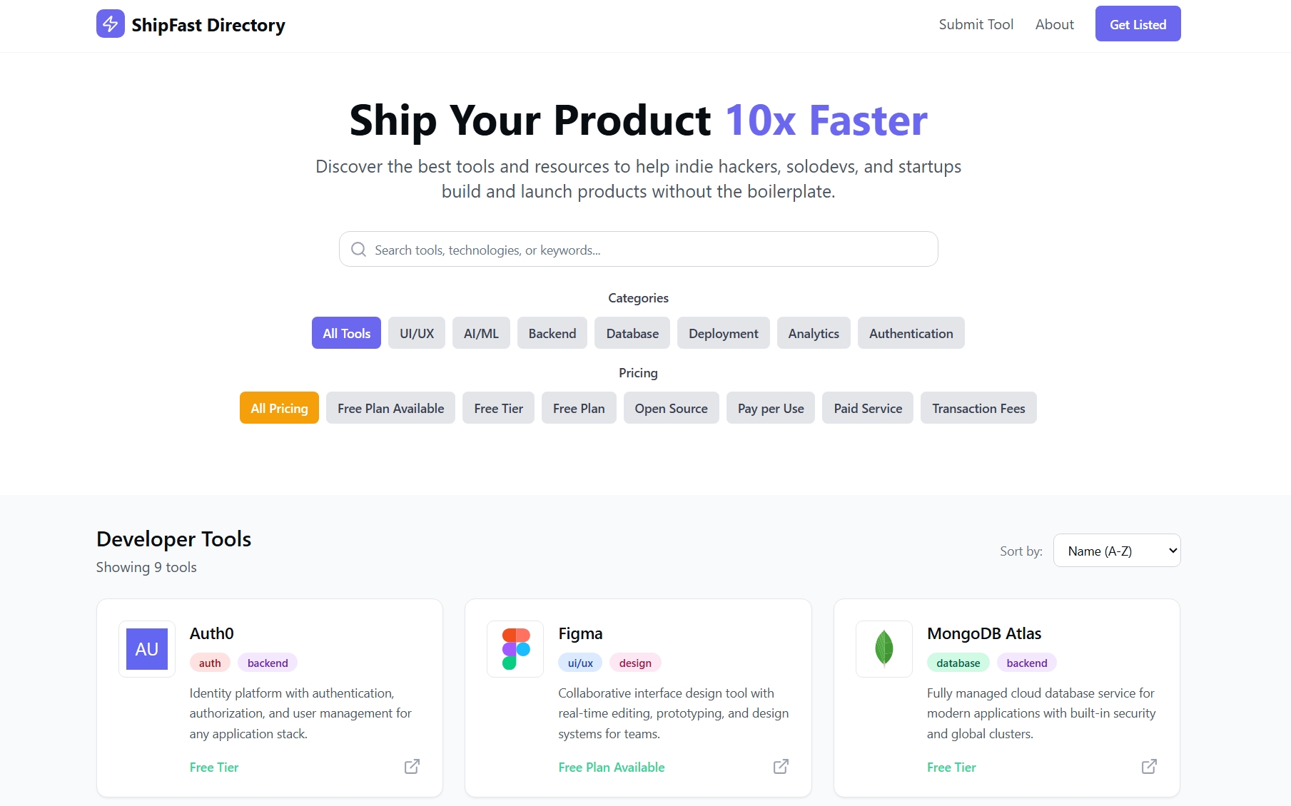 Screenshot of ShipFast Directory homepage showing developer tools and categories.